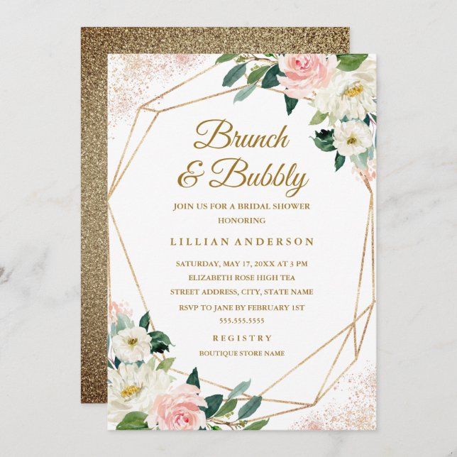 Geometric Floral Bridal Shower Brunch And Bubbly Invitation (Front/Back)