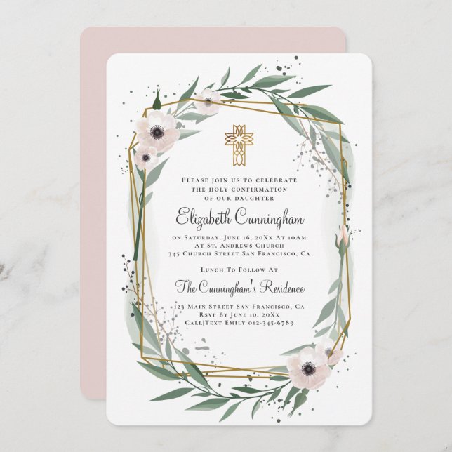 Geometric Floral Cross Confirmation Invitation (Front/Back)