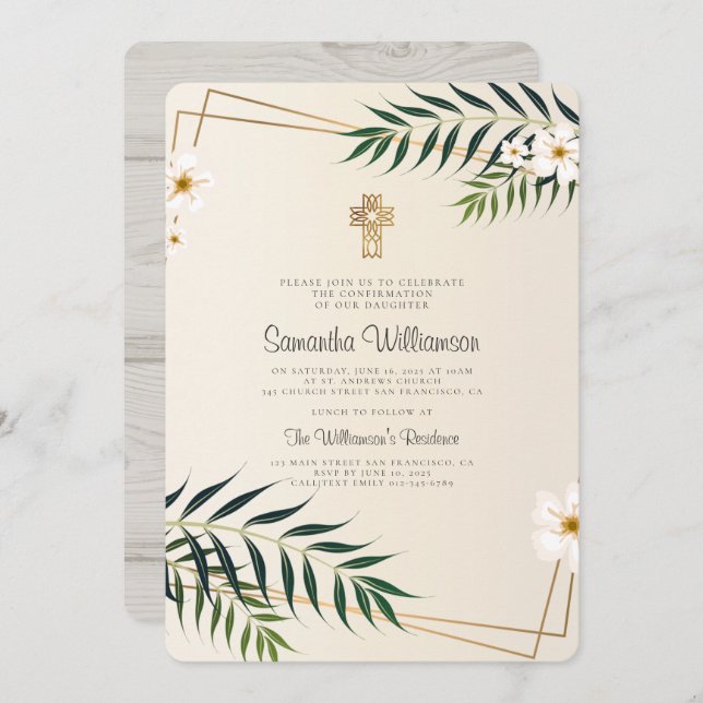 Geometric Floral Cross Confirmation Invitation (Front/Back)