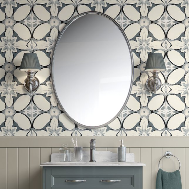 Geometric Floral Elegance - Grey, Cream - Modern Wallpaper (Chic Geometric Bloom Peel and Stick Wallpaper)