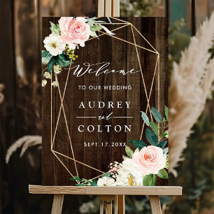 Geometric Floral Faux Wood Wedding Welcome Sign