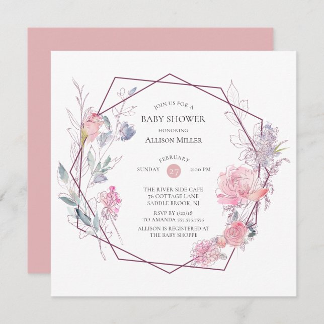 Geometric Floral frame Baby Shower Invitation (Front/Back)