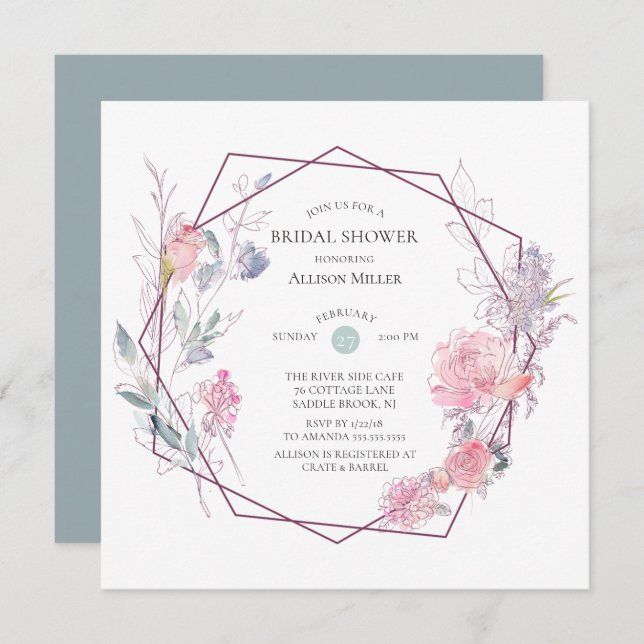 Geometric Floral frame Bridal Shower Invitation (Front/Back)