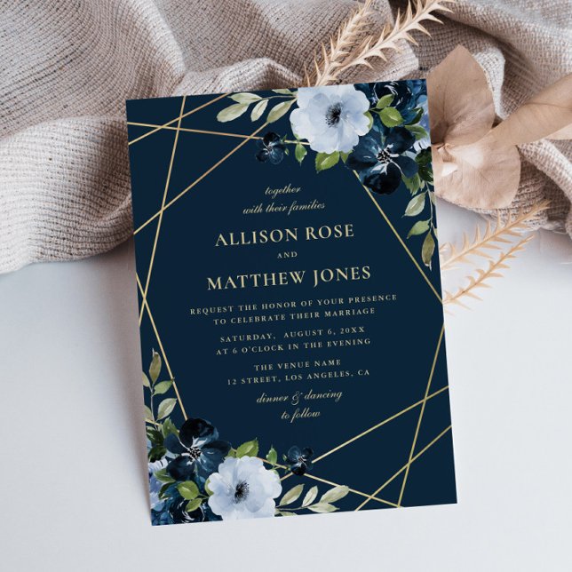 geometric floral gold & navy blue wedding invitation (Creator Uploaded)