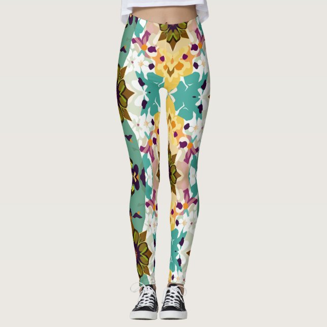 Geometric Floral Kaleidoscope Seamless Pattern Leggings (Front)