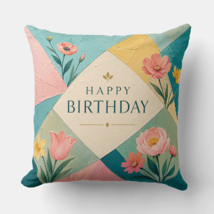 Geometric Floral Mosaic Birthday Cushion