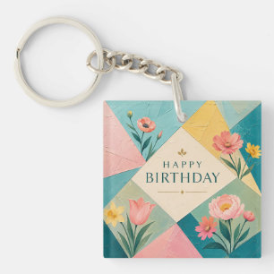 Geometric Floral Mosaic Birthday Key Ring