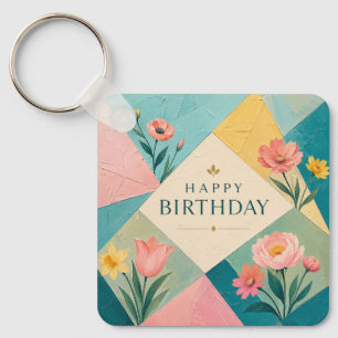 Geometric Floral Mosaic Birthday Key Ring