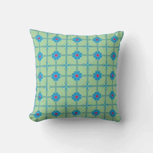 Geometric Floral Pattern Green and Blue Cushion (Front)
