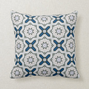 Geometric Floral Pattern In White Black And Blue Cushion