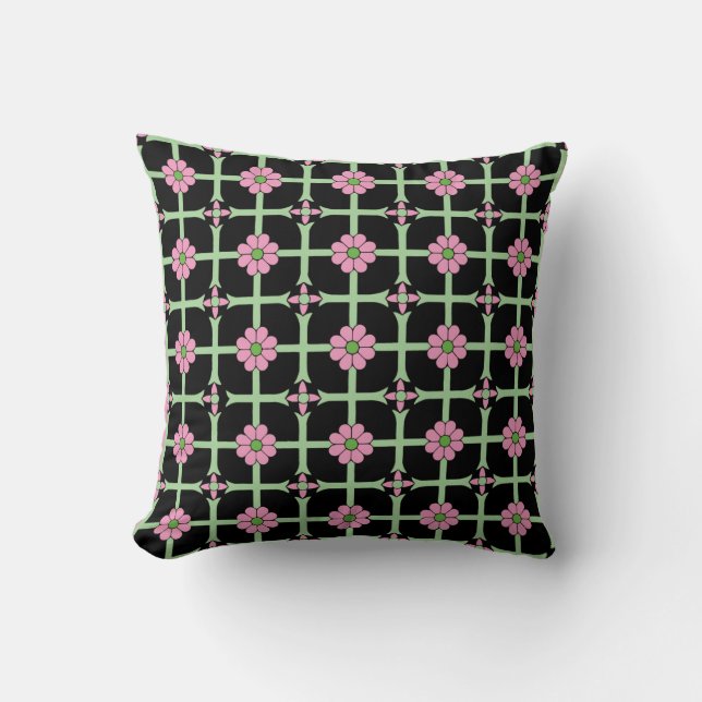 Geometric Floral Pattern Pink Green and Black Cushion (Front)