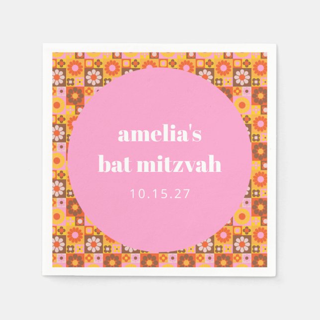 Geometric Floral Pink Orange Bat Mitzvah Custom Napkin (Front)