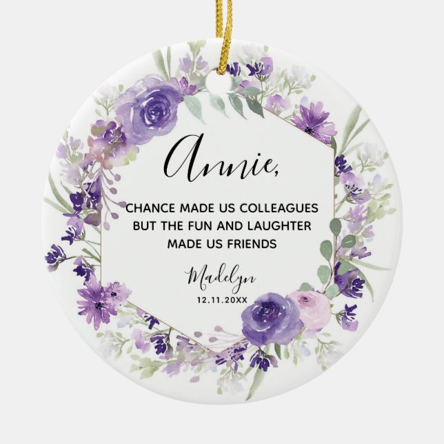 Geometric Floral Purple colleagues Christmas Ceramic Ornament (Front)