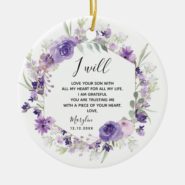 Geometric Floral Purple Mother of the Groom Ceramic Ornament (Front)