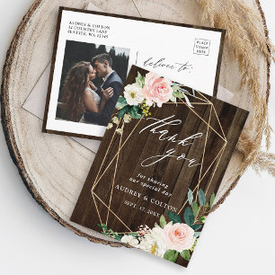 Geometric Floral Rustic Wood Thank You Photo Postcard