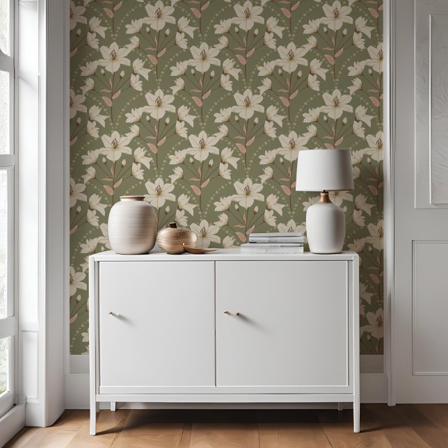 Geometric Floral Sage Green Beige Lily Pattern   Wallpaper (Creator Uploaded)