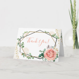 Geometric Floral Thank You Card in Gold and Pink