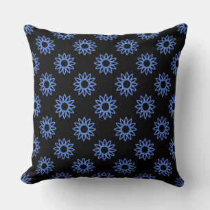 Geometric Flower 01 - Baby Blue on Black Cushion