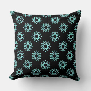 Geometric Flower 01 - Ice Blue on Black Cushion