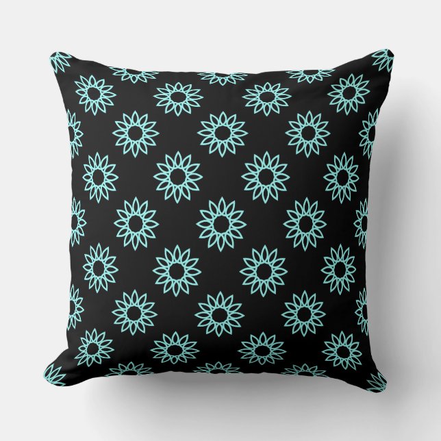 Geometric Flower 01 - Ice Blue on Black Cushion (Front)