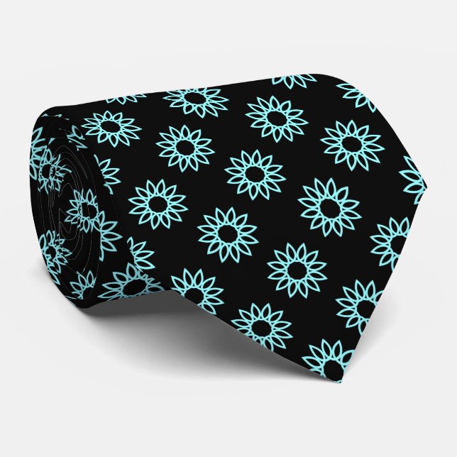 Geometric Flower 01 - Ice Blue on Black Tie (Rolled)