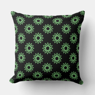 Geometric Flower 01 - Mint Green on Black Cushion