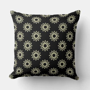 Geometric Flower 01 - Pale Yellow on Black Cushion