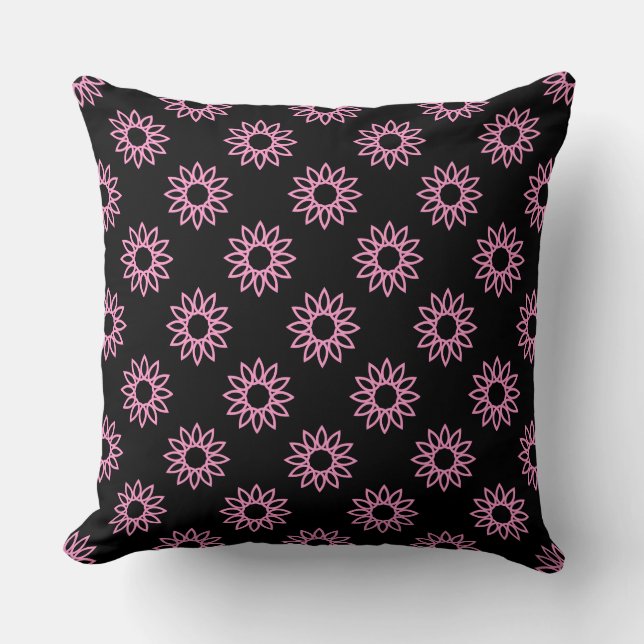 Geometric Flower 01 - Pink on Black Cushion (Front)