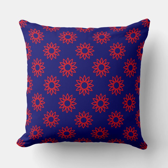 Geometric Flower 01 - Red on Deep Navy Cushion (Front)