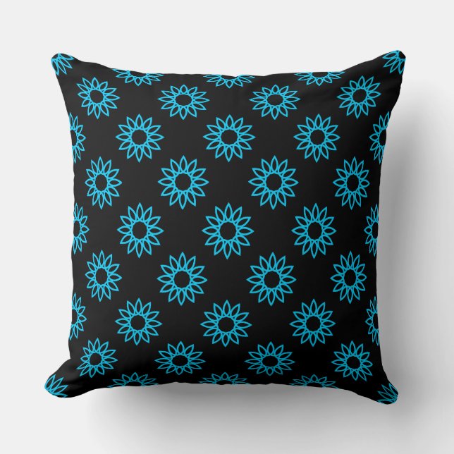 Geometric Flower 01 - Sky Blue on Black Cushion (Front)
