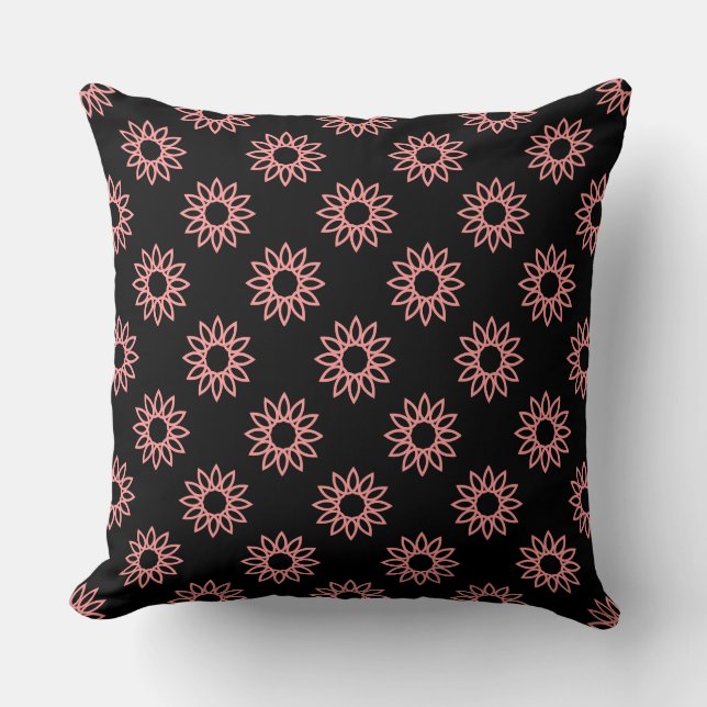 Geometric Flower 01 - Soft Pink on Black Cushion (Front)