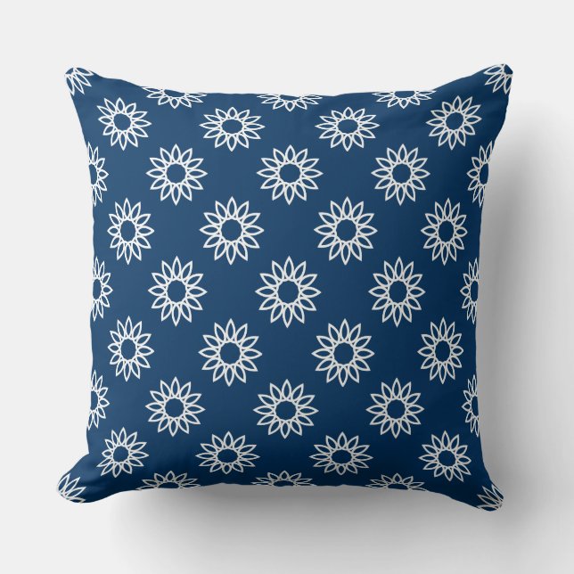 Geometric Flower 01 - White on Shibori Blue Cushion (Front)