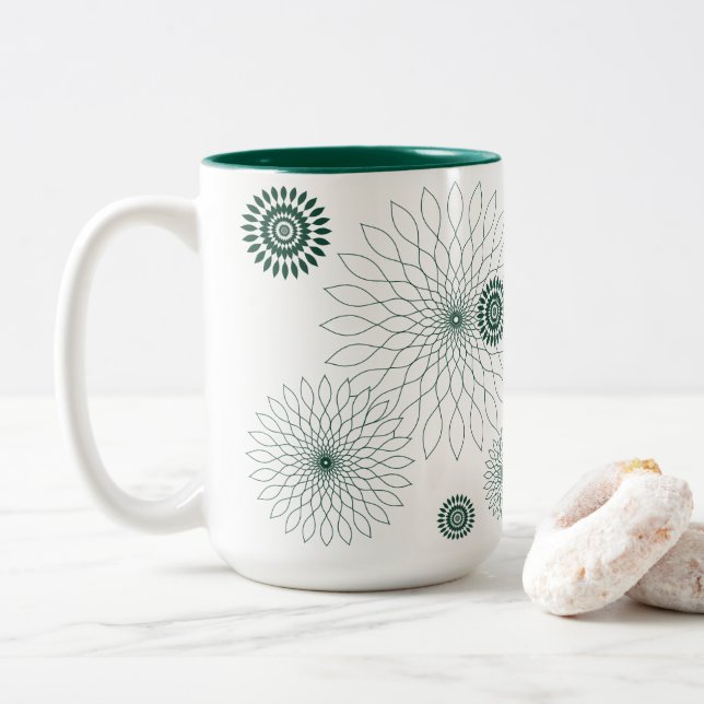 Geometric Flower ~ Green Two-Tone Coffee Mug (With Donut)