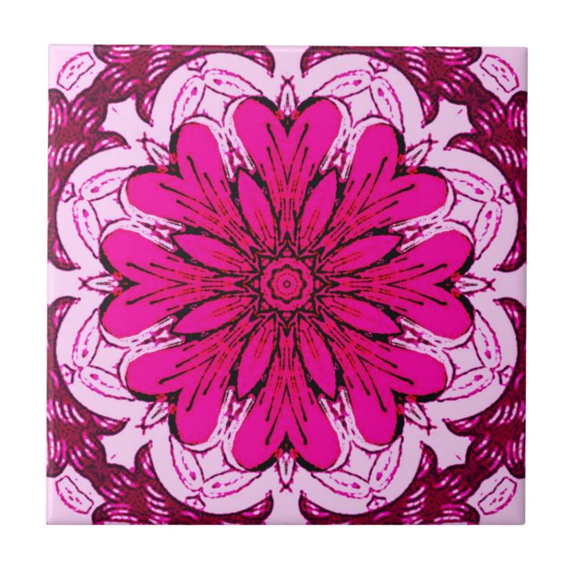 Geometric Flower Pattern in Burgundy & Magenta  Ceramic Tile (Front)
