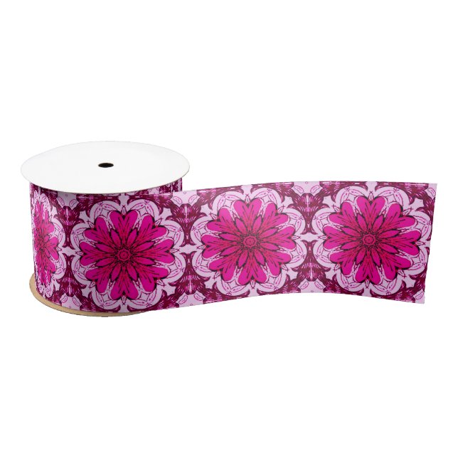 Geometric Flower Pattern in Burgundy & Magenta    Satin Ribbon (Spool)
