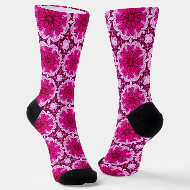 Geometric Flower Pattern in Burgundy & Magenta  Socks (Angled)