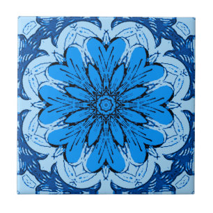 Geometric Flower Pattern in Cerulean & Light Blue Ceramic Tile