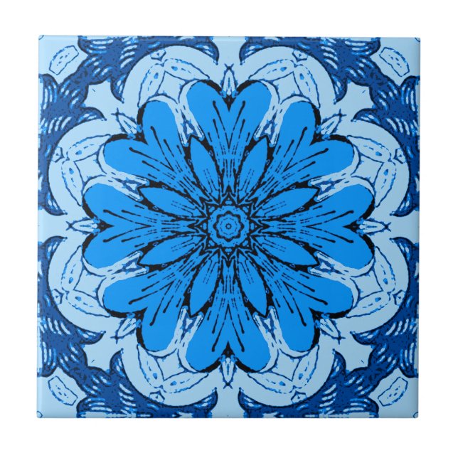 Geometric Flower Pattern in Cerulean & Light Blue Ceramic Tile (Front)