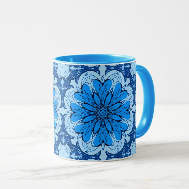 Geometric Flower Pattern in Cerulean & Light Blue Mug (Front Right)