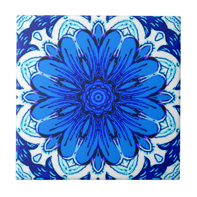 Geometric Flower Pattern in Cobalt Blue and Navy   Ceramic Tile (Front)