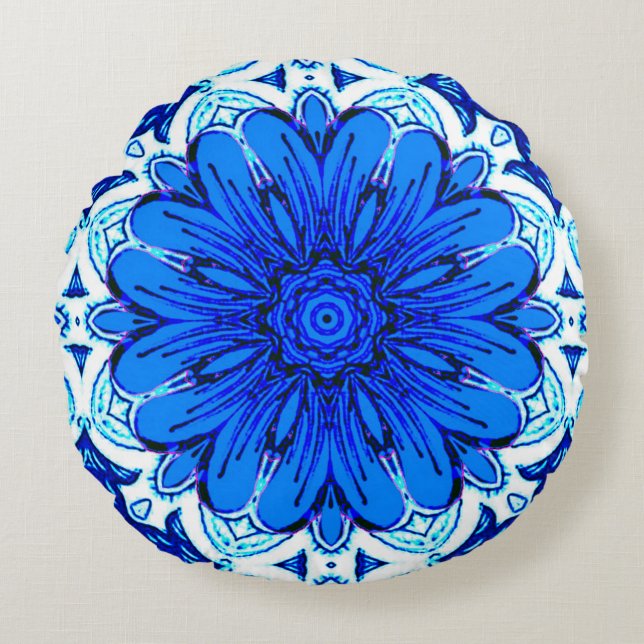 Geometric Flower Pattern in Cobalt Blue and Navy   Round Cushion (Front)