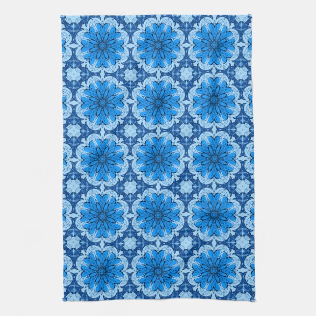 Geometric Flower Pattern in Shades of Denim Blue Tea Towel (Vertical)