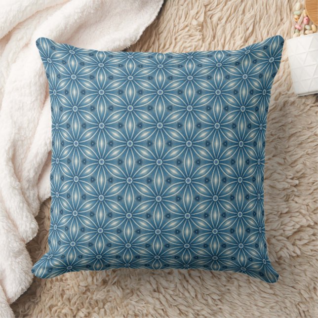 Geometric Flower Pattern / Shades Of Blue w/ White Cushion (Blanket)