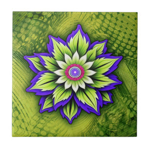 Geometric Flower with Purple and Green Petals Ceramic Tile