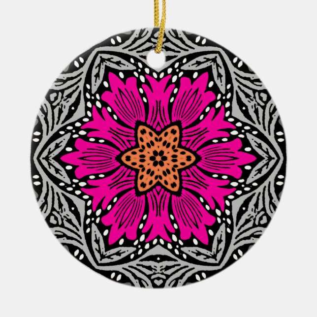 Geometric Flowers - Fuchsia Pink and Grey Ceramic Ornament (Front)
