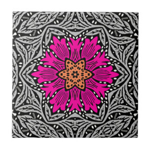 Geometric Flowers - Fuchsia Pink and Grey Ceramic Tile