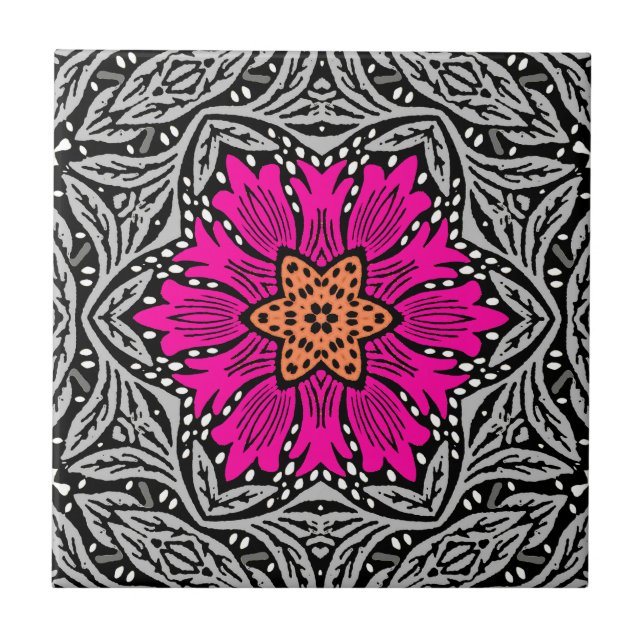 Geometric Flowers - Fuchsia Pink and Grey   Ceramic Tile (Front)