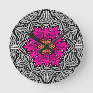 Geometric Flowers - Fuchsia Pink and Grey Round Clock