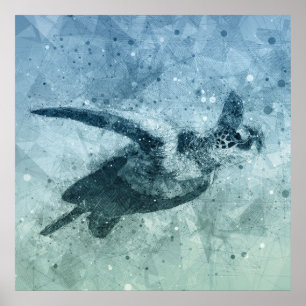 Geometric Flying Green Sea Turtle Poster