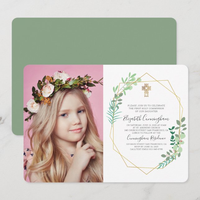 Geometric Foliage Cross Photo Communion Invitation (Front/Back)